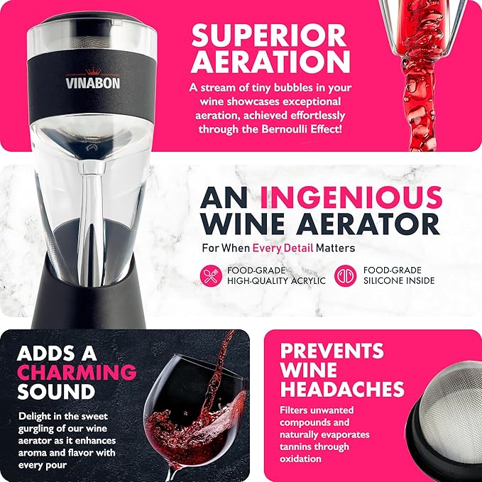 VINABON Red Wine Air Aerator – Updated 2026 Professional-Quality Multi-Stage Wine Decanter with Aerator – Improves Wine Flavor, Filters Impurities, Prevents Drips and Spills. Includes WineGuide Ebook