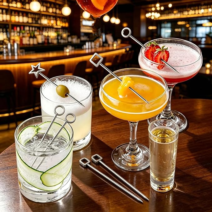 Homestia Geometric Cocktail Picks, 12PCS Stainless Steel Modern Martini Picks 4.3 Inch, Assorted Shapes Drink Skewers for Cocktails, Olives, Appetizers, Bar Accessories