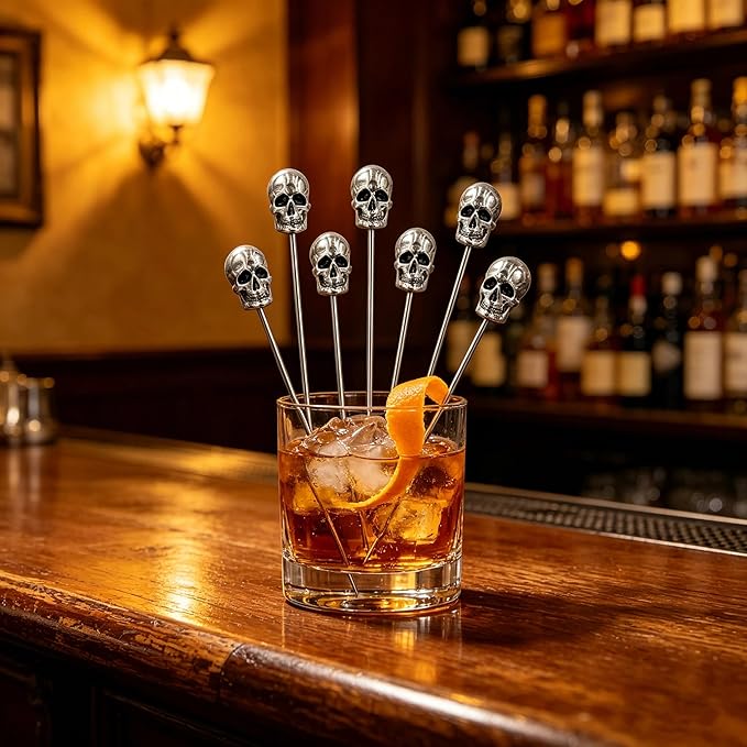 Homestia 6 Pcs Metal Cocktail Picks, 4.7 Inch Skull Metal Toothpicks for Appetizers Sandwich Fruit Skewers for Catered Events Buffet Halloween Party Holiday Supplies (Silver)