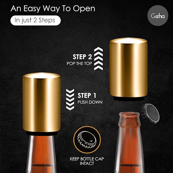 GOCHA | Magnetic Beer Bottle Opener with Automatic Cap Catcher – Stainless Steel Push-Down Gadget, One-Hand Bar Tool for Beer & Soda Bottles (Gold)
