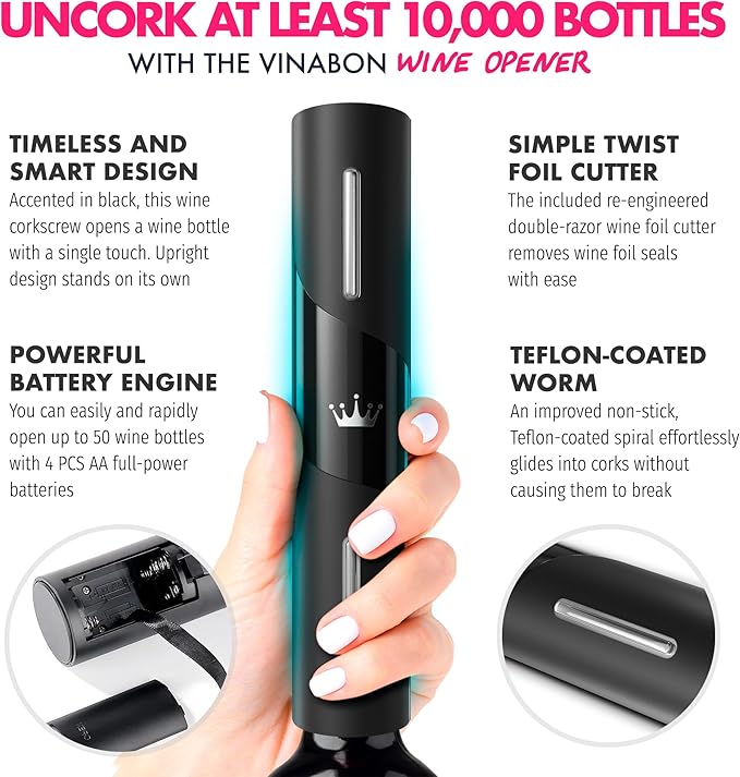 VINABON Battery-Operated Wine Opener - Updated 2026 Electric Wine Bottle Opener with Wine Foil Cutter - One-Click Reusable Automatic Electronic Wine Opener Corkscrew. Includes WineGuide Ebook
