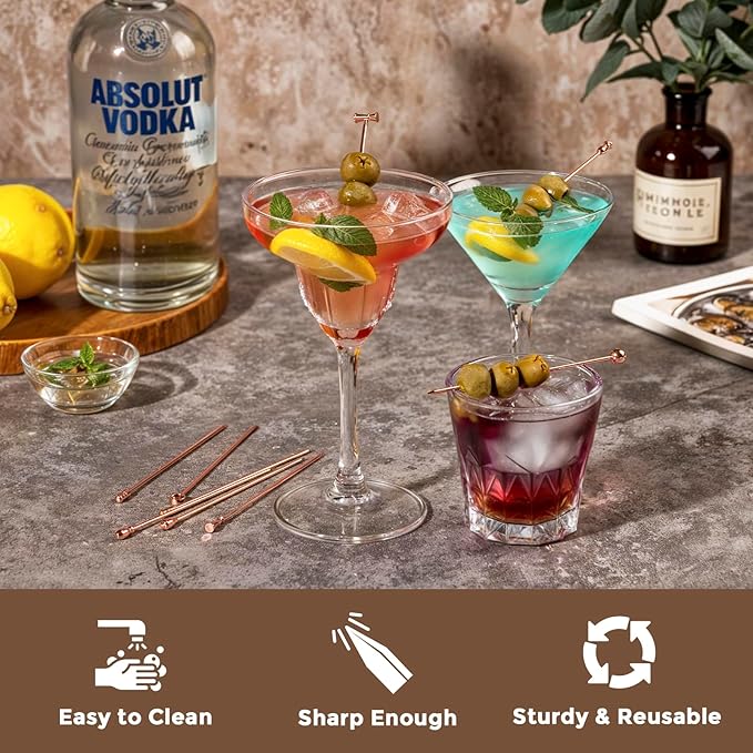 Metal Martini Cocktail Picks 9 Pcs, 4.1 in Olive Skewers Stainless Steel, Drinks Garnish Sticks, Reusable Appetizers Toothpicks, Home Bar Accessories Supplies Valentine Gift for Bartender - Rose Gold