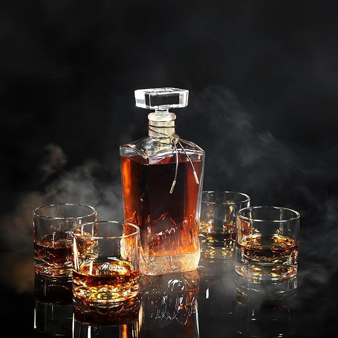 LIITON The American Peaks Whiskey Decanter Set – 34oz Mountain Crystal Glass Decanter with 4 Old Fashioned Glasses – Premium Gift for Men – Bourbon, Scotch, and Liquor Lovers