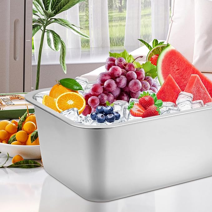 Large Strainless Steel Beverage Tub, Ice Buckets for Parties, Beer Ice Bucket Drink Cooler, Metal Wine Beer Champagne Bucket Drink Chiller, Rectangular Ice Storage Tub Ice Cube Bin for Freezer (2 Pcs)