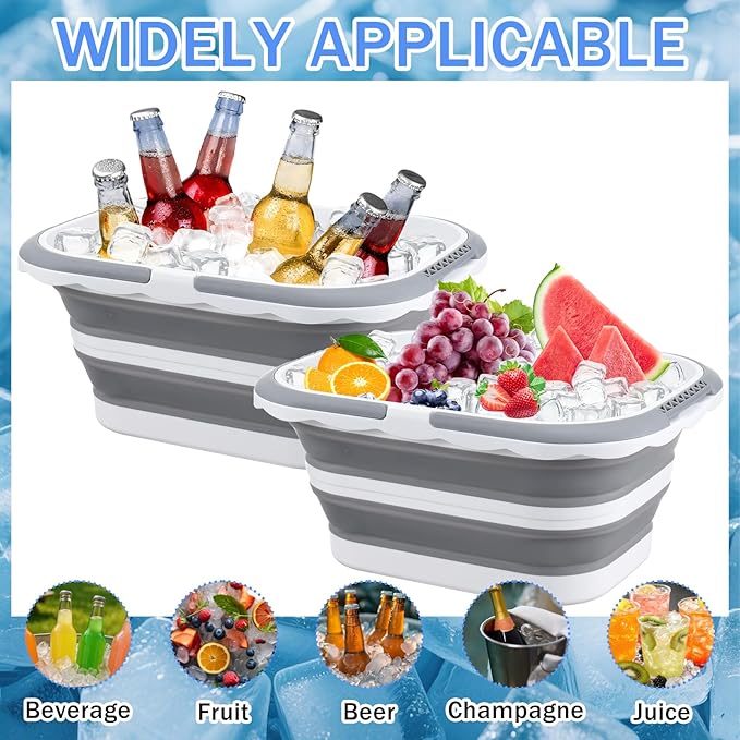 2 Pack Ice Buckets for Parties, Foldable Beverage Tub, Collapsible Ice Bucket for Wine Beer Champagne, Large Beer Ice Buckets Drink Cooler, Space Saving Ice Storage Tub Ice Cube Bin (8.5L*2)