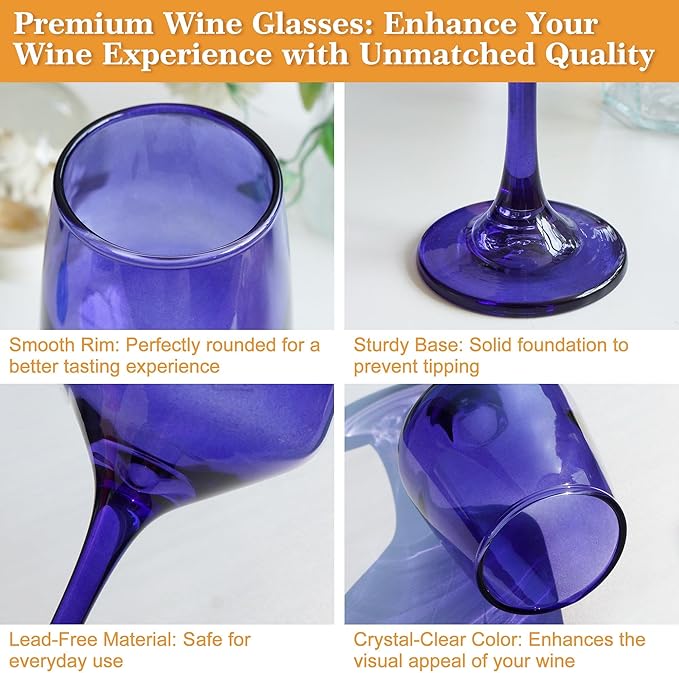 Purple Wine Glasses Set of 6, 14oz Stemmed Glasses, Thick & Colored, Dishwasher Safe Stemware for Red or White, Gift for Party, Holiday, Anniversary, Restaurant, Home Bar, Daily Use