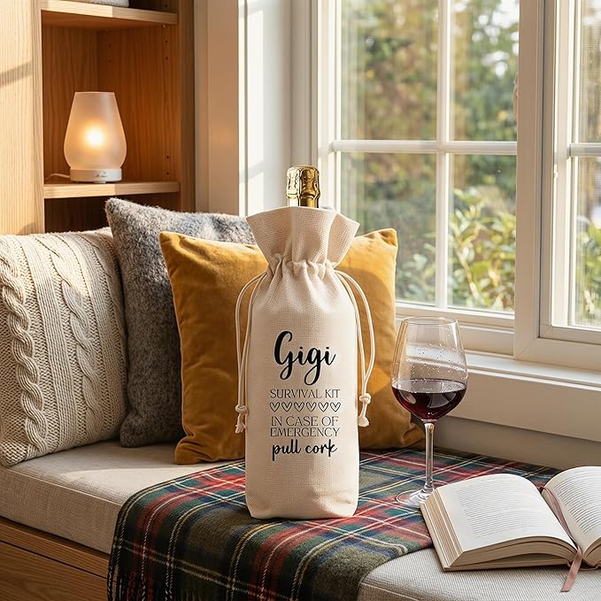 Funny Gigi Survival Kit Wine Bag, Linen Drawstring Wine Bottle Gift Bag, Reusable Wine Pouch for Gigi Birthday Mother's Day Christmas Grandparents Day, 13 x 5.7 Inch - A04