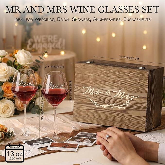 Wedding/Anniversary/Engagement/Bridal Shower and Bachelorette Gifts for Couples,Bride & Newlywed, Engraved Mr and Mrs Wine Glasses with 5-Piece Wine Accessory Kit