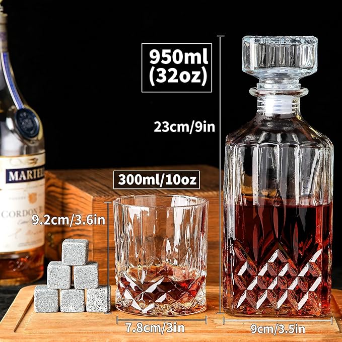 Whiskey Decanter Set for Men, 2pcs Whiskey Glass Cups and 1pcs Glass Decanter with Cooling Stones Clear Whisky Liquor Bottle for Whiskey Bourbon Rum Men Fathers'Gift