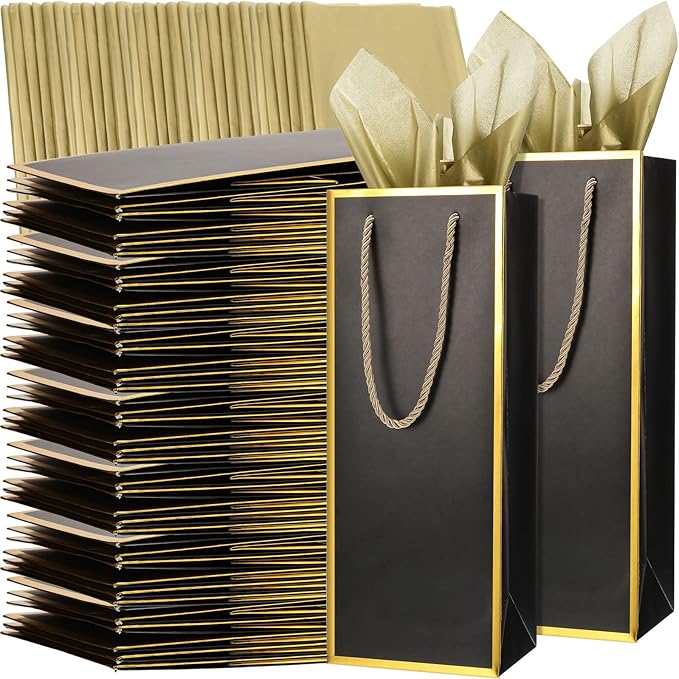 TaoBary 50 Pcs Wine Gift Bags and Gold Wrapping Paper Set Wine Bags for Bottle Bulk 4 x 5 x 13 Inch Champagne Gift Paper Sack with Handles for Christmas Appreciation Wedding Anniversary(Black,50 Pcs)