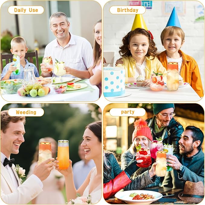 mwellewm 48 Pcs Plastic Wine Glasses Disposable, Cocktail Glasses Set 9 OZ Stemless Champagne Flutes 12 OZ Ribbed Ripple Reusable Party Cup for Wedding Home Office Bar Drinking(Gold Rim)