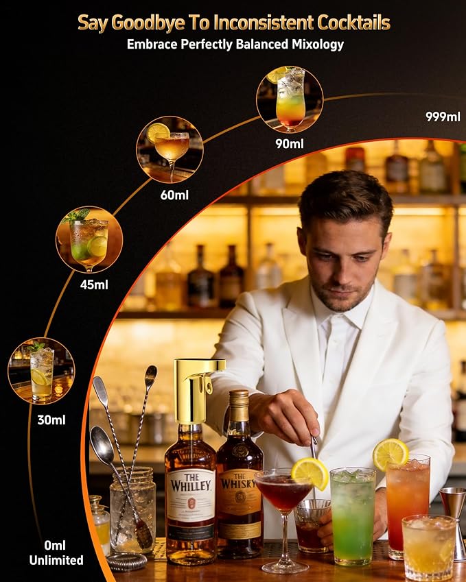 Fathers Day Gift | World Cup Viewing Party Supplies,Electric Whiskey & Cocktail Dispenser-Smart Pouring, Adjustable 1‑999ml Dosing, Rechargeable Battery, Ideal for Home Bars & Enthusiasts (Gold)