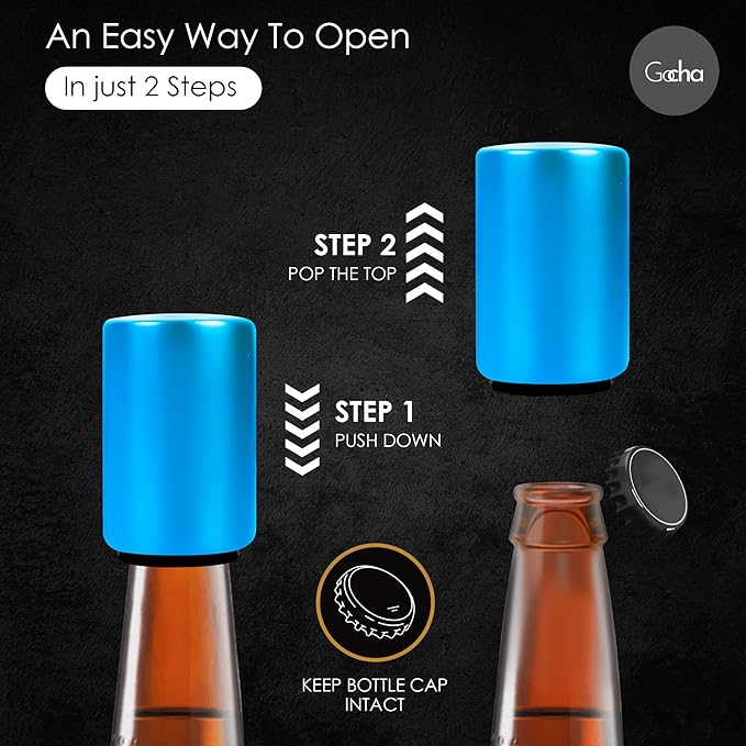 GOCHA | Magnetic Beer Bottle Opener with Automatic Cap Catcher – Stainless Steel Push-Down Gadget, One-Hand Bar Tool for Beer & Soda Bottles (Blue)