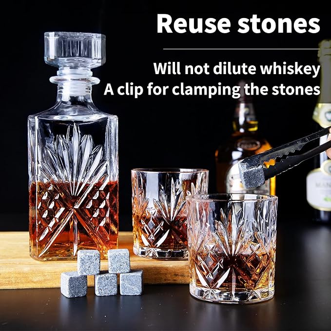 Whiskey Decanter Set for Men 2pcs Whisky Glasses and 1pcs Glass Decanter Bottle with Cooling Stones Clear Whisky Liquor Set for Bourbon Rum Fathers'Gift