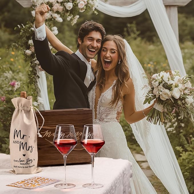 2026 Mr & Mrs Wine Glasses Gift Set with Memory Box,Wine Bag, Greeting Card – Engagement, Wedding & Newlywed Gifts for Couples, Just Engaged Gifts for Women