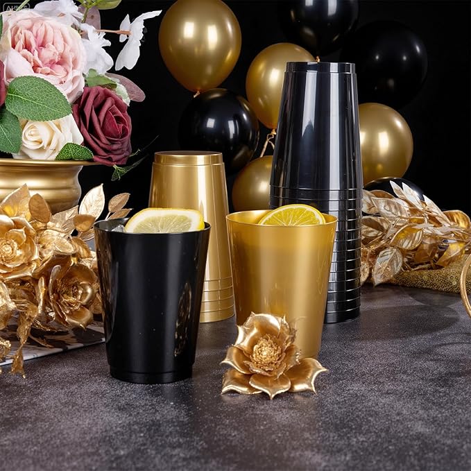DaYammi 100 Pack Plastic Cups for Party- Disposable Gold Cups and Black Cup Include: 50 Black Plastic Cup and 50 Gold Disposable cup for Party Supplies Festive Celebrations Wine Beer Beverage