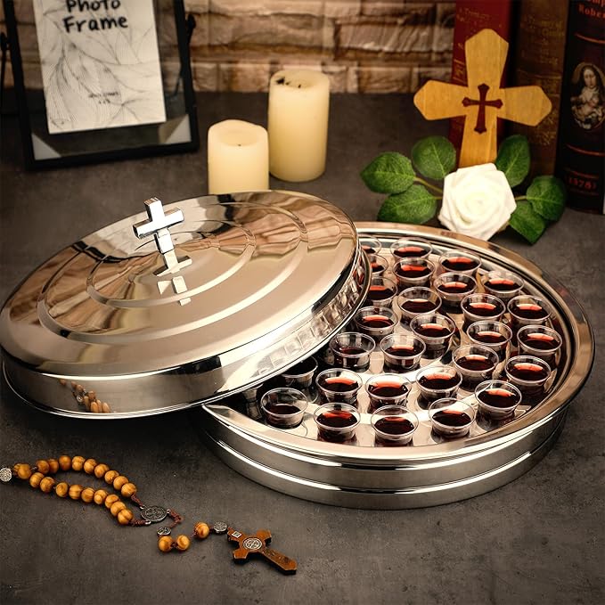 Jingmore Communion Ware 3 Holy Wine Serving Trays with 1 Cover Stainless Steel Communion Supplies Silver Trays for Churches Holy Ware Sets(Silver)