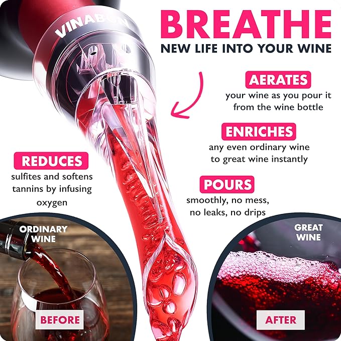 VINABON Wine Aerator Pourer Spout – Updated 2026 Professional Wine Aerator for Superior Flavor, Enhanced Bouquet & Rich, Smooth Finish. No-Leak, No-Drip, Spill-Free Design. Includes Wine Guide eBook