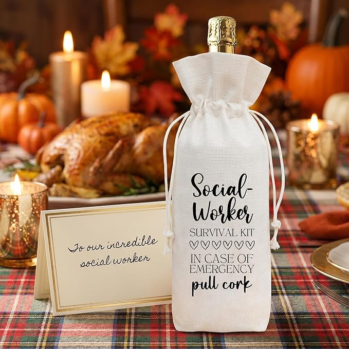 Funny Social Worker Survival Kit Wine Bag, Linen Drawstring Wine Bottle Gift Bag, Reusable Wine Pouch for Social Worker Appreciation Retirement Birthday, 13 x 5.7 Inch - A10