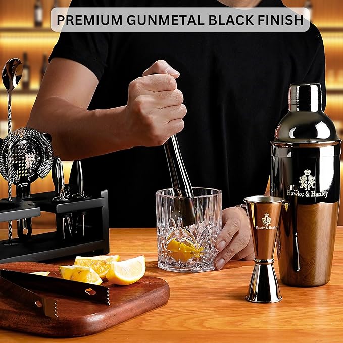 Hawke & Hanley Mixology Bartender Kit: Cocktail Shaker Bar Set with a Martini Shaker, Bar Tools and Black Bamboo Stand | Bartending Kit with Recipe Book | Unique Housewarming Gift (Black)