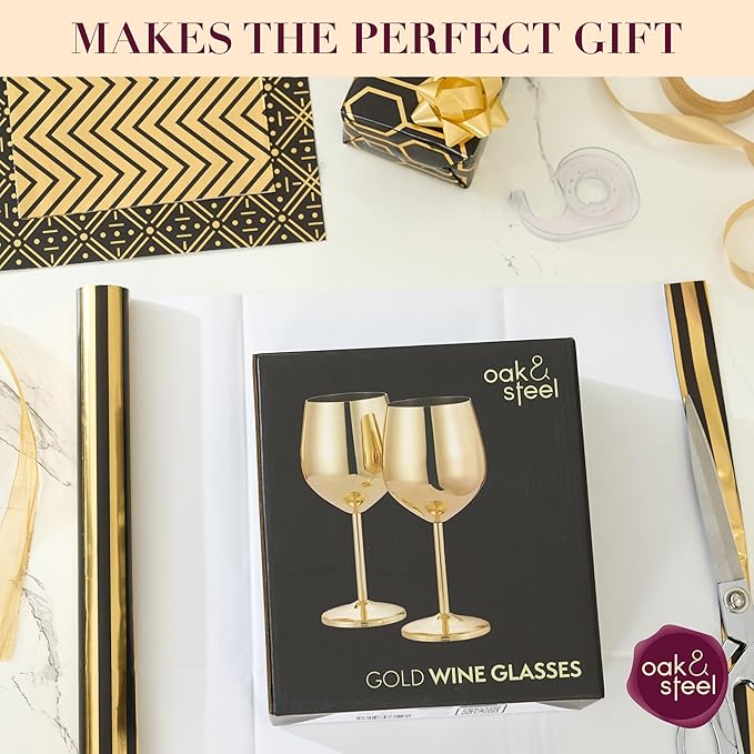 Oak & Steel - 2 Gold Stainless Steel Wine Glasses (18 Oz) Unbreakable Metal Wine Glasses, Wine Goblets with Gift Box for House Warming, Valentines, Anniversary