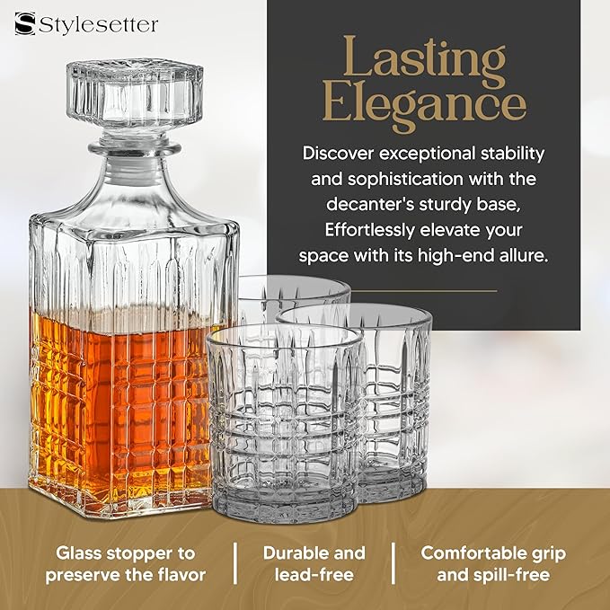Style Setter Whiskey Decanter Set with Glasses - Prestigious Whiskey Set with 25oz Liquor Decanter and 6 Glasses - Upscale Whisky Decanter & Glass Set - Birthday Gifts Fathers Day