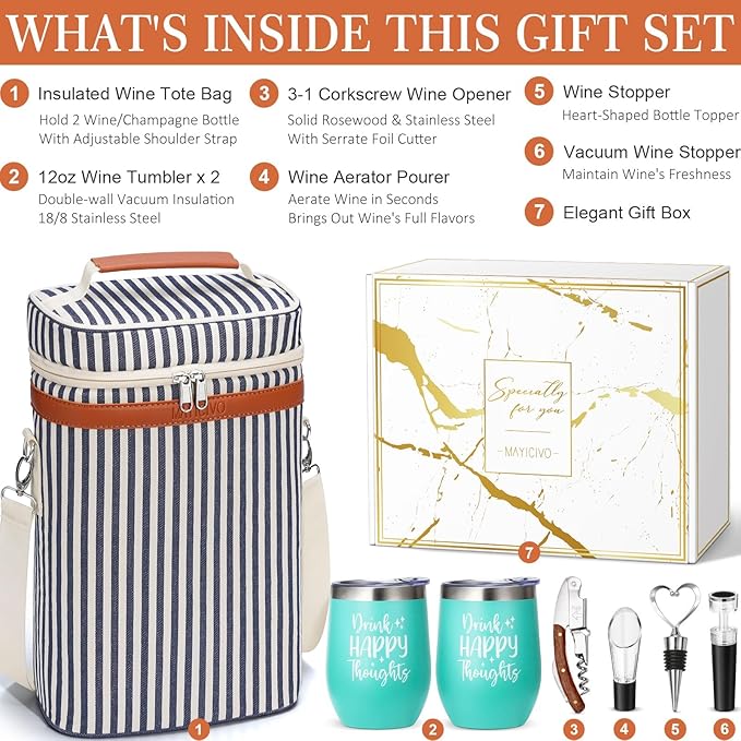 Birthday Gifts for Women Men - Mothers Day Wine Gift Baskets For Woman Mom, Her, Women, Friend, Wine Lovers, Self Care Package, Insulated Wines Tote Bag Carrier w/ Tumblers & Wines Accessories Set