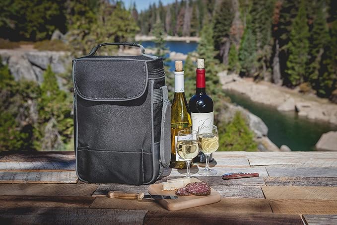 PICNIC TIME Duet Wine & Cheese Tote, Luxury 2 Bottle Insulated Wine Bag Set with Cheese Board, Knife, & Corkscrew, Adjustable Strap, and Pockets, Romantic Kit for Couples, (Black with Gray Accents)