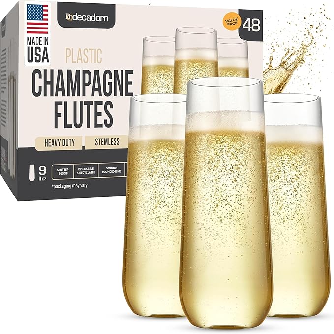 DECADORN Clear Stemless Champagne Flutes Plastic 48 Pack, Made in USA, 9oz Plastic Champagne Glasses - Durable and Sturdy Mimosa Glasses For Parties - Shatterproof, Recyclable, BPA-Free, Smooth Rims