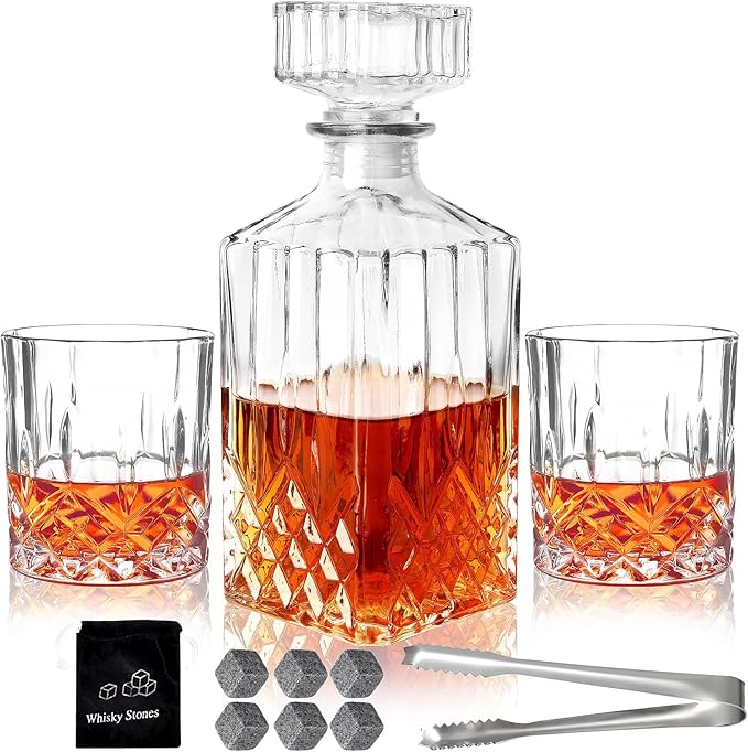 Whiskey Decanter Set for Men, 2pcs Whiskey Glass Cups and 1pcs Glass Decanter with Cooling Stones Clear Whisky Liquor Bottle for Whiskey Bourbon Rum Men Fathers'Gift