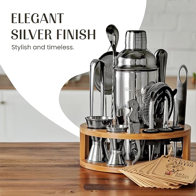 Mixology & Craft Bartender Kit – 15 Piece Cocktail Shaker Set with Bamboo Stand | Complete Cocktail Kit Gift Set | Top Bartender Gifts for Men & Women | Exclusive Recipe Cards (Silver)