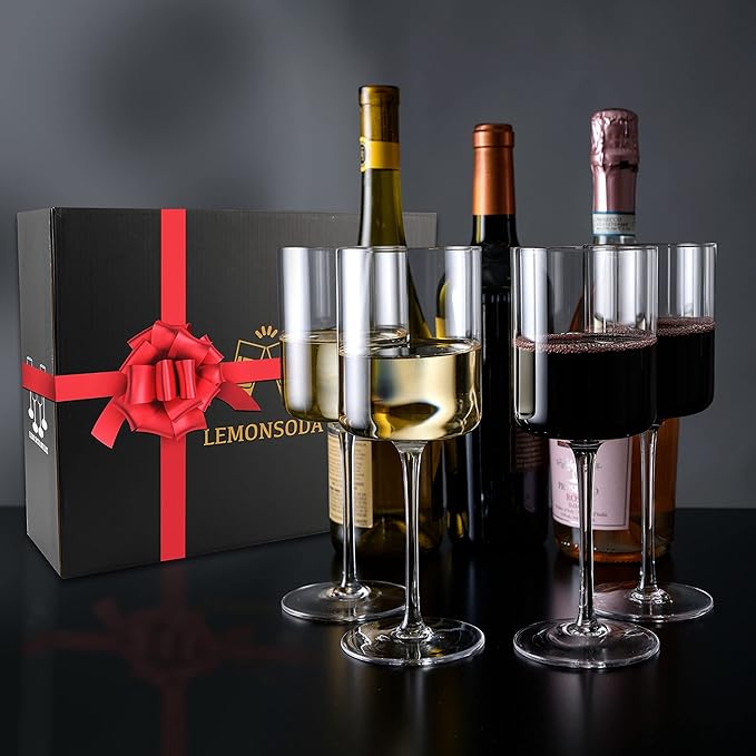 LEMONSODA Luxury Wine Glasses - Elegant Crystal Straight Edge Design - Enjoy Red or White Wine + Cocktails - 450ml (15oz) Lead-Free - Beautiful Housewarming Gift - Elegant Gift for Women (Set of 4)