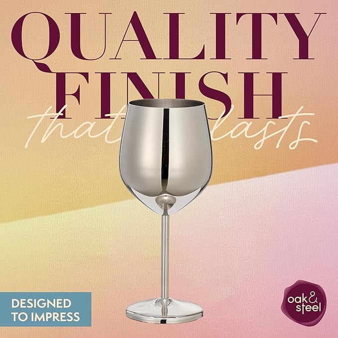 Oak & Steel - 2 Silver Stainless Steel Wine Glasses (18 Oz) Unbreakable Metal Wine Glasses, Wine Goblets with Gift Box for House Warming, Valentines, Anniversary