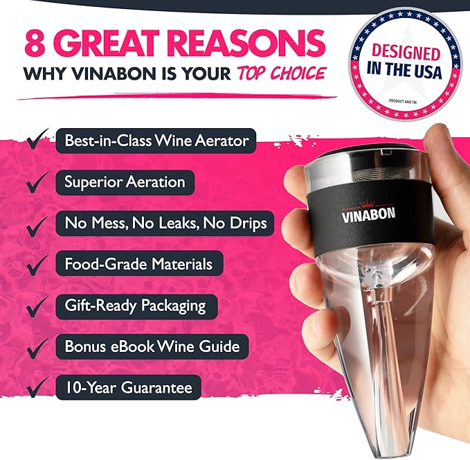 VINABON Red Wine Air Aerator – Updated 2026 Professional-Quality Multi-Stage Wine Decanter with Aerator – Improves Wine Flavor, Filters Impurities, Prevents Drips and Spills. Includes WineGuide Ebook