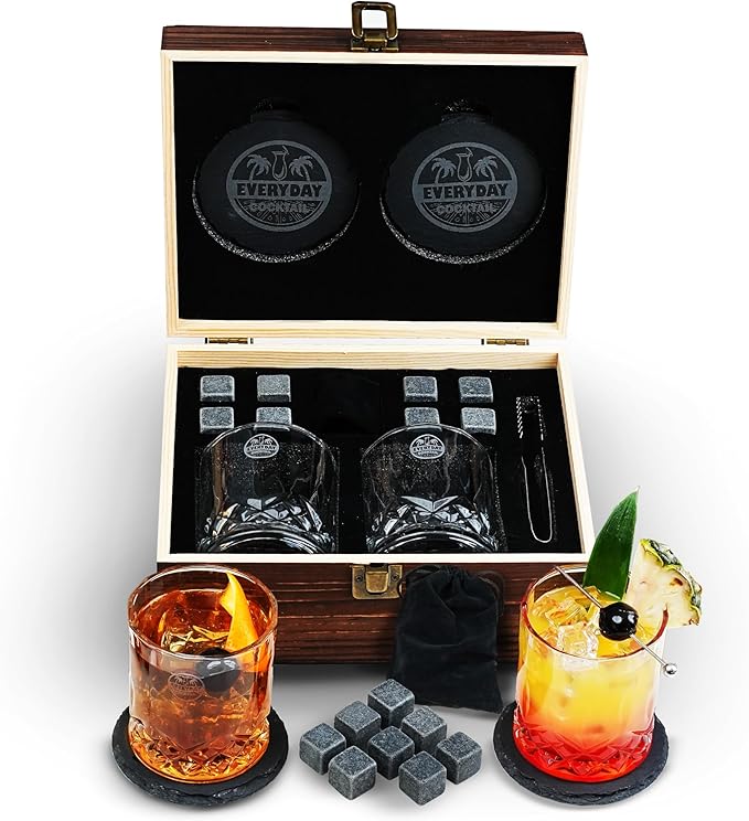 EVERYDAY COCKTAIL Old Fashioned Whiskey Glasses with Luxury Wooden Box - 10 Oz Rocks Barware for Scotch, Bourbon, Liquor, and Cocktail Drinks - Set of 2 Glasses -Chilling Stones -Slate Coasters