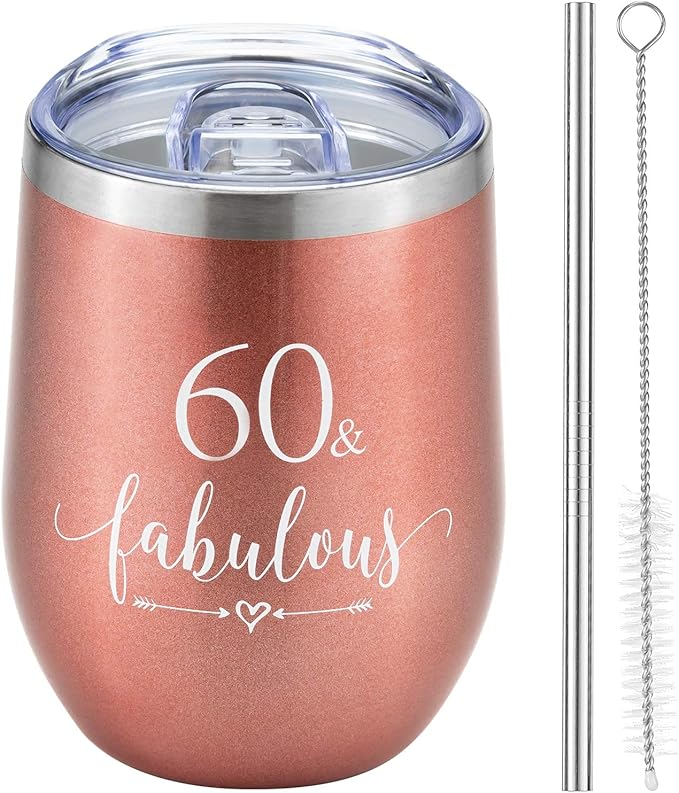 Crisky Rose Gold 60 & Fabulous Wine Tumbler for Women 60th Birthday Gifts for Women, Wife, Mom, Sister, Aunt, Friends, Coworker Her, Vacuum Insulated Coffee Cup,12oz with Box, Lid, Straw
