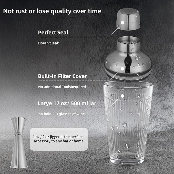 Silver Cocktail Shaker Set - Bartender Shaker Kit with Mixing Tools & Stainless Steel Strainer, Premium Bar Tool Set for Crafting Martinis & Whiskey Cocktails