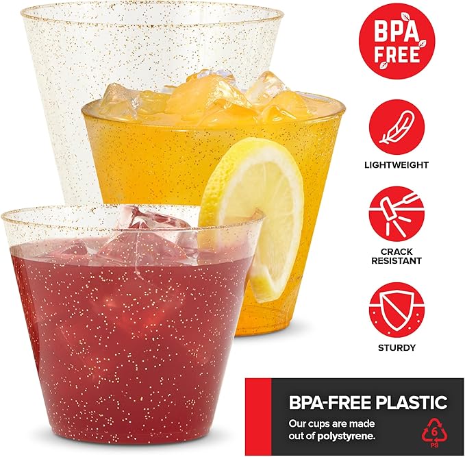 Stock Your Home 9oz Gold Glitter Plastic Cups (100 Pack), Elegant Party Cups for Birthday Parties, Weddings, and Holidays, Fancy Disposable Cocktail Glasses, Clear and Gold, Bulk Wine and Mimosa Cups