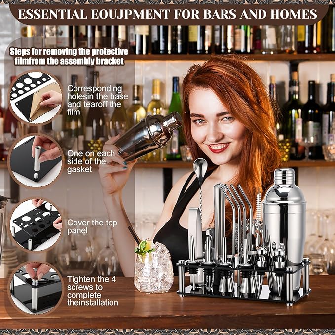 28 Pcs Cocktail Shaker Set and Bartender Kit with Stand, 18 x 12 Inch Folding Bar Mat with Cutting Board, 3 Tier Bar Glass Rimmer, Liquor Pour Spout Bartender Tool Gift for Home and Mixology