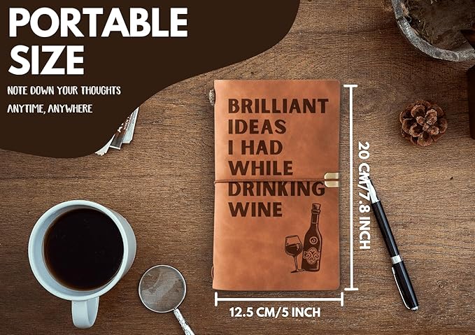InnoBeta Wine gifts Leather Journal Notebook with Pen, for Wine Lovers, Men, Women on Birthday, Refillable Sketchbook, Travel Diary, Lined Planner, 7x5 Inches, Brown