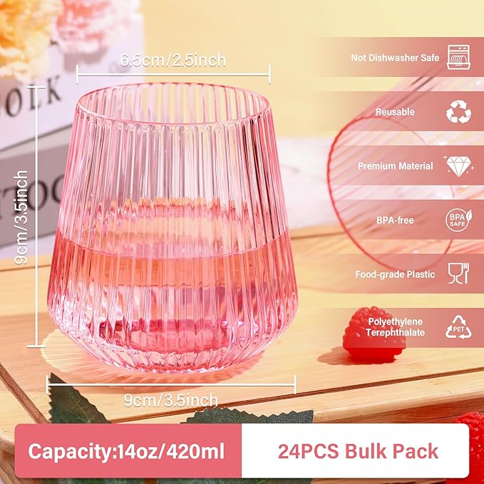 24 Pack Pink Plastic Wine Cups, 14oz Disposable Stemless Ribbed Wine Glasses, Cute Clear Unbreakable Outdoor Cocktail Glasses, Heavy Duty Plastic Drinking Cup for Galentine Wedding Party Mimosa Bar