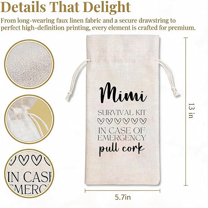 Mimi Gift Wine Bag from Grandkids, Funny Survival Kit Linen Drawstring Wine Bottle Cover, Reusable Wine Gift Pouch for Mimi Mother's Day Birthday Christmas Grandparents Day - A03