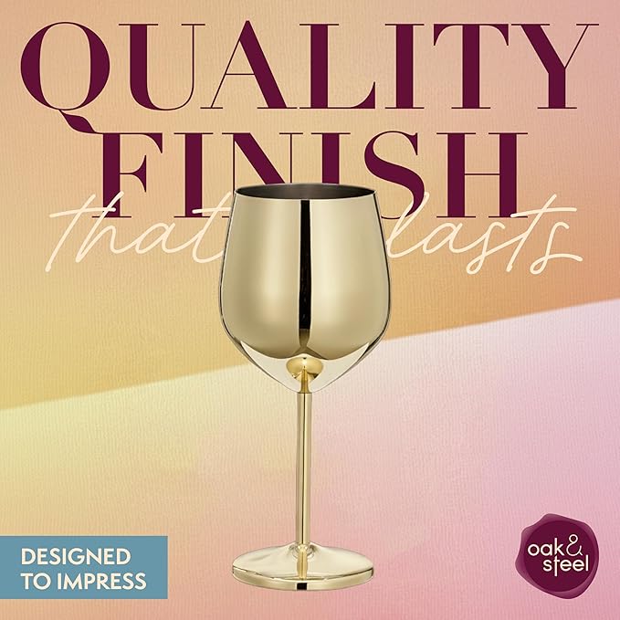Oak & Steel - 2 Gold Stainless Steel Wine Glasses (18 Oz) Unbreakable Metal Wine Glasses, Wine Goblets with Gift Box for House Warming, Valentines, Anniversary