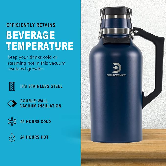 DrinkTanks Craft Growler – 64 oz Vacuum Insulated Stainless Steel Beer Growler with Handle, Leakproof Thermal Beverage Tumbler for Beer, Wine, Coffee, Soda, Kombucha – Reusable & BPA-Free – Storm