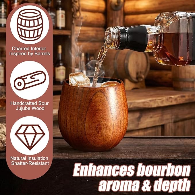 Charred Wooden Bourbon Drinking Glasses Set of 2 for Men 6 oz Whiskey Glasses 6 Ice Cubes Charred Bourbon Gifts for Father Dad Men Brother or Whiskey Lovers Father's Day Birthday Supplies