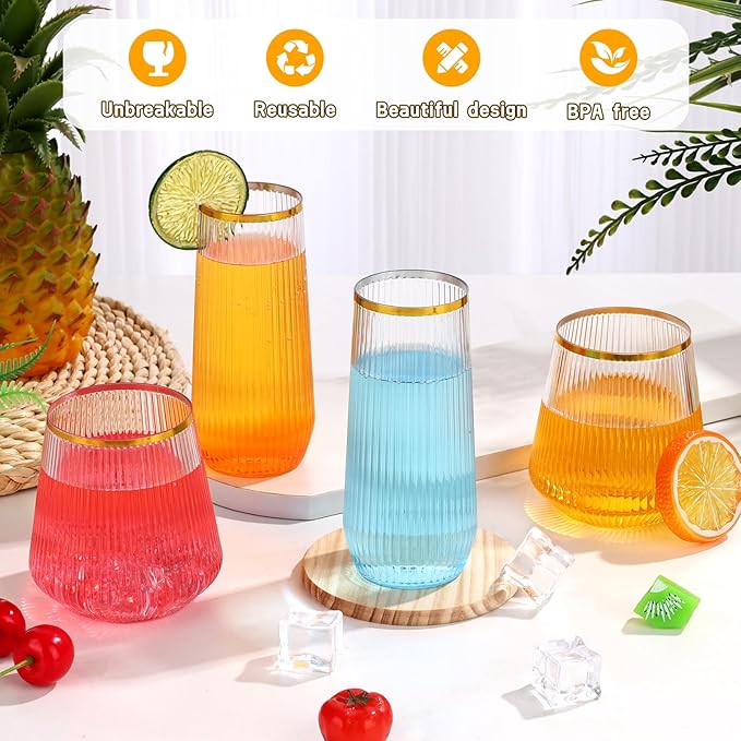 mwellewm 48 Pcs Plastic Wine Glasses Disposable, Cocktail Glasses Set 9 OZ Stemless Champagne Flutes 12 OZ Ribbed Ripple Reusable Party Cup for Wedding Home Office Bar Drinking(Gold Rim)