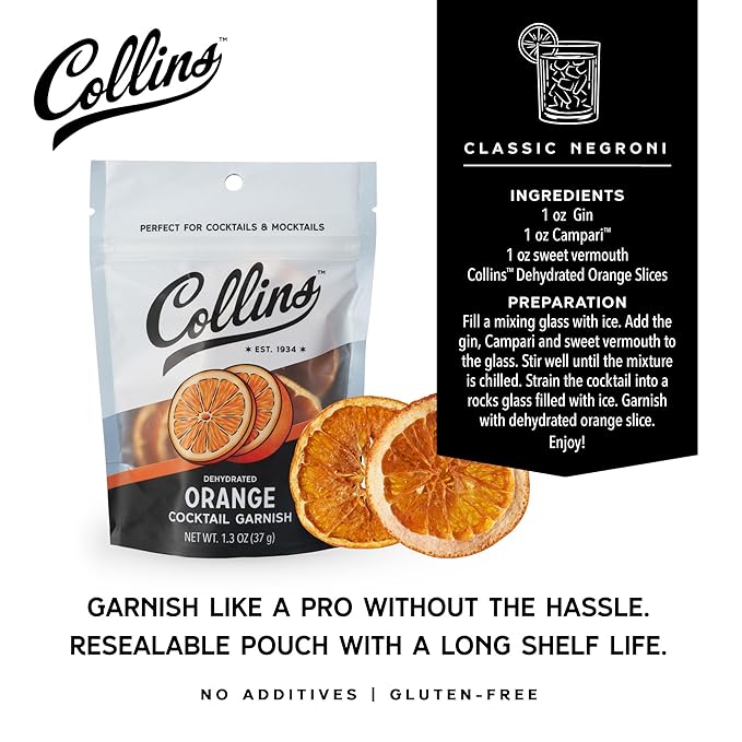 Collins Dehydrated Orange Cocktail Garnish Slices, 1.3 oz, Perfect for Old Fashioneds, Negronis, Mocktails & Desserts – Premium Drink & Food Garnish – 1.3 oz