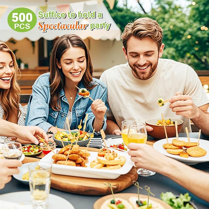 500PCS Cocktail Picks Kit, 4 Styles Fancy Toothpicks for Appetizers, 3 Sizes Long Bamboo Skewers, Decorative Wooden Cocktail Sticks for Party Supplies Food Drinks Fruit Charcuterie Boards Accessories