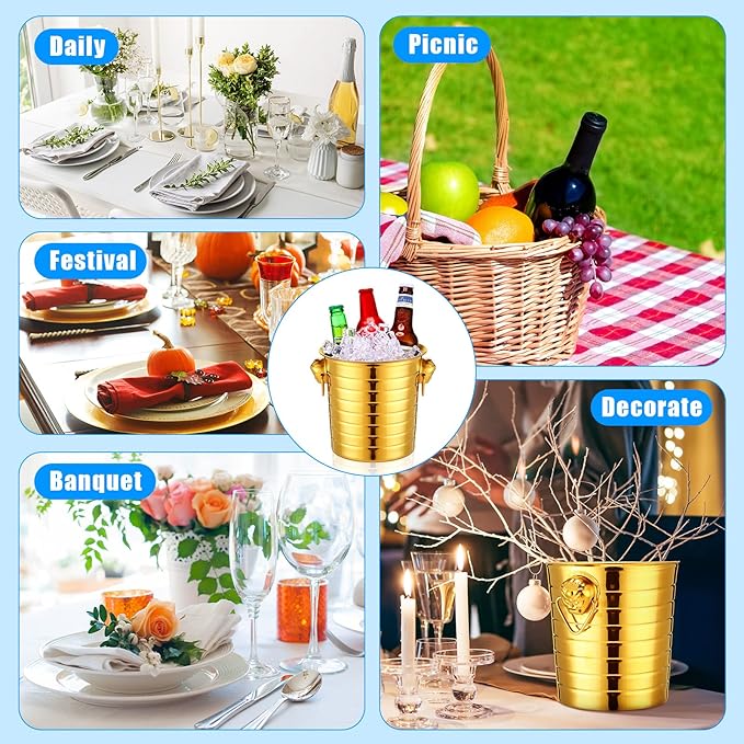 Pinkunn 6 Pack Stainless Steel Champagne Bucket 3 Qt Metal Ice Bucket Double Wall Wine Buckets with Handles Party Beverage Chiller for Champagne Beer Cocktail Wine Drinks Home Bar Accessories (Gold)