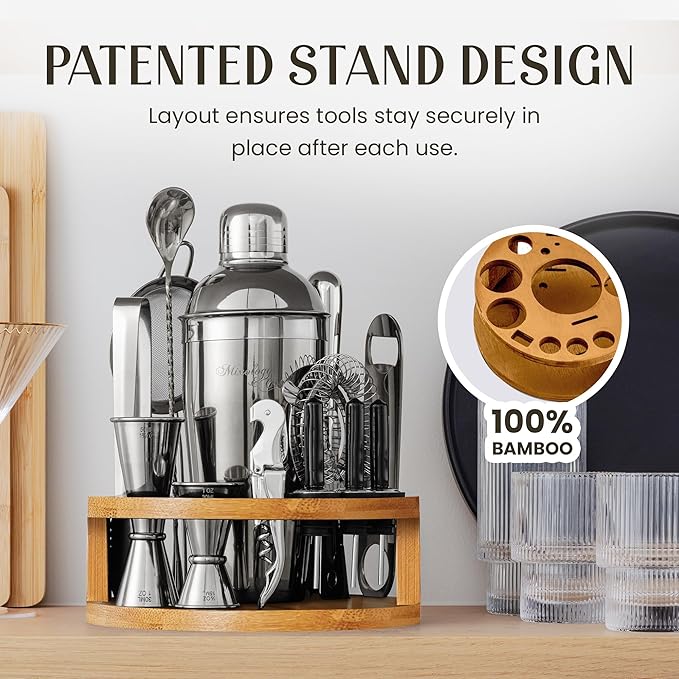 Mixology & Craft Bartender Kit – 15 Piece Cocktail Shaker Set with Bamboo Stand | Complete Cocktail Kit Gift Set | Top Bartender Gifts for Men & Women | Exclusive Recipe Cards (Silver)